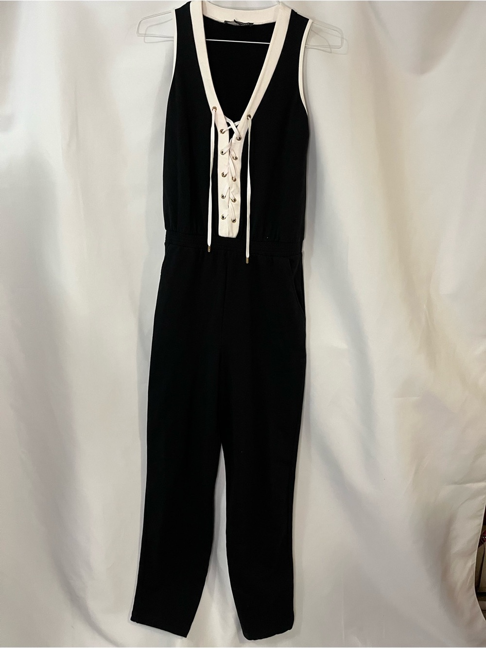 Boston Proper lace up black and white jumpsuit